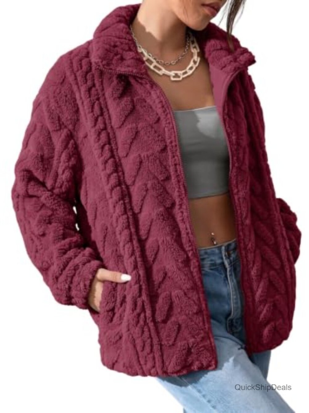 Women's Zip Up Fleece Jacket Lightweight Winter Coat with Pockets